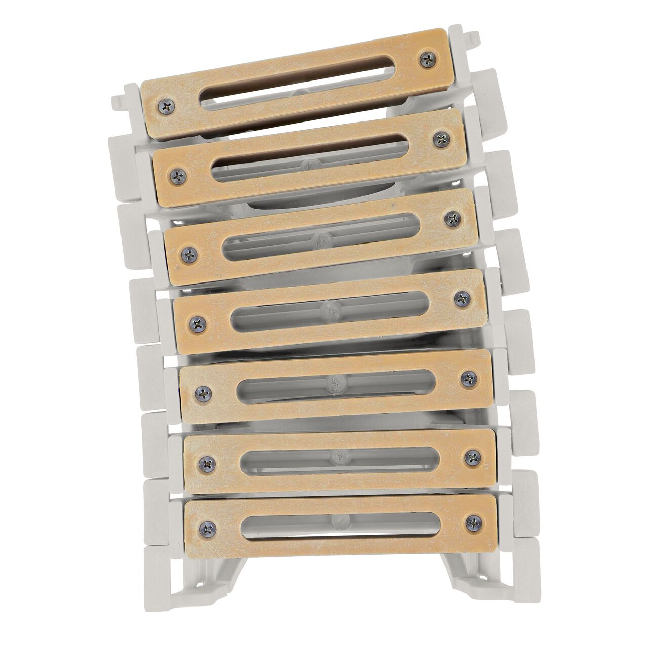 Top down view of 3 degree bend in Seven Sand Slotted Plastic Dura Slope™ Channel Drain EZ-Track™ Radius Coupling Grates (NDS DS-664MG) installed on seven Dura Slope EZ-Track Radius Couplings (NDS DSRC)
