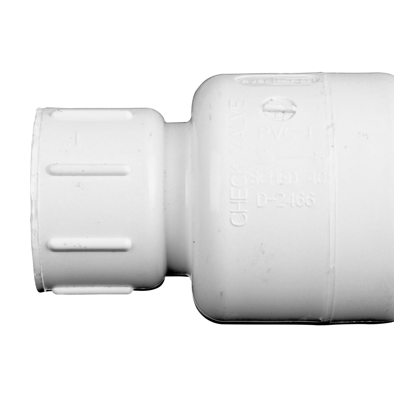 Closeup of the arrow showing water flow of the NDS 1 in. White PVC Spring Check Valve (NDS 1001-10, NDS 1002-10)