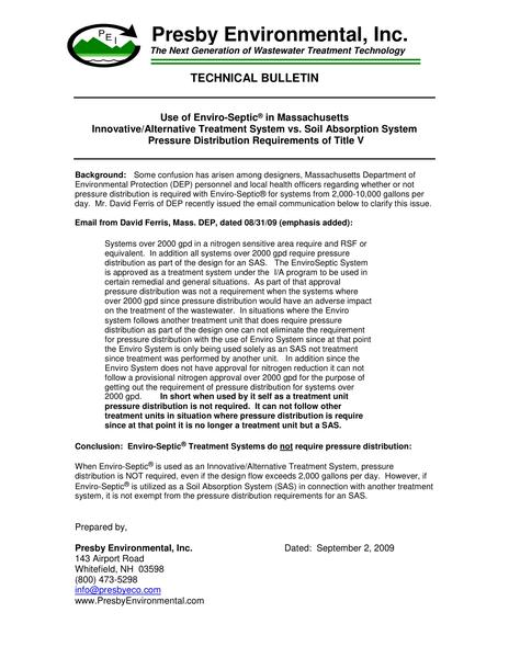 Massachusetts Pressure Distribution over 2000 GPD Technical Bulletin