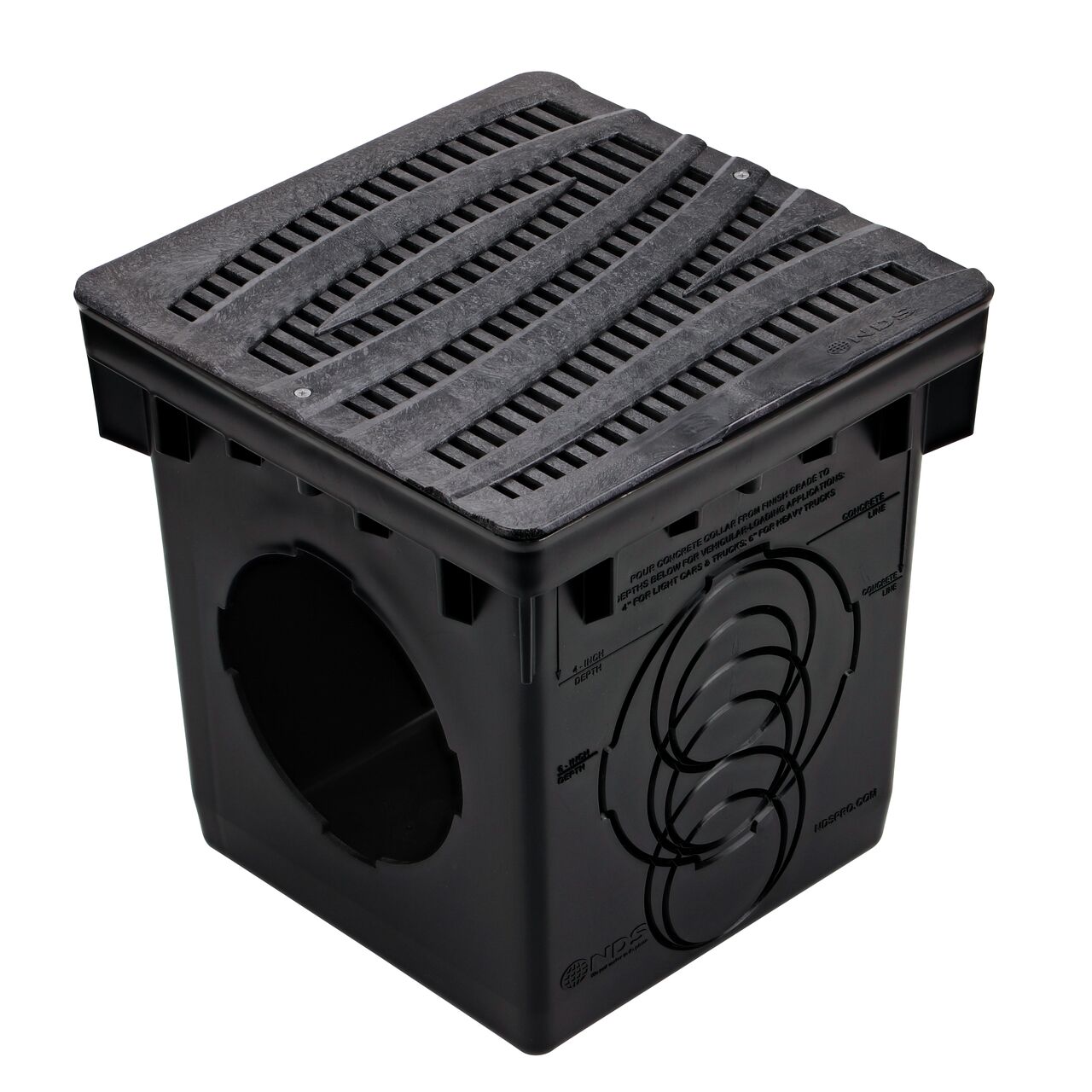 The 12 in. NDS Square Catch Basin Drain Grate, Decorative Wave Design, Black Plastic (NDS 1224) fits on a NDS 12 in. Square Catch Basin (NDS 1200)