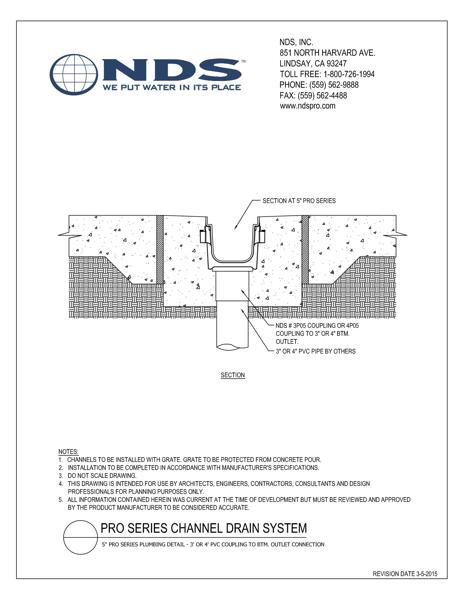NDS 5 in. Pro Series™ Channel Drains Bottom Outlet Connection Installation Detail