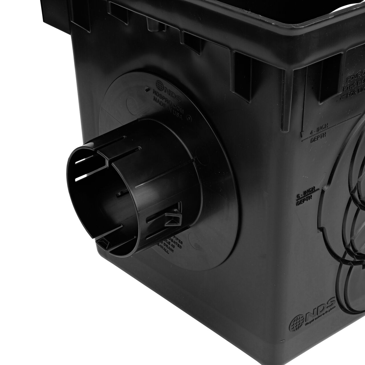 Use the locking tab outlet adapter (NDS 1243) with the 12 in. Catch Basin Drain (NDS 1200) to connect to 3 in. and 4 in. pipe