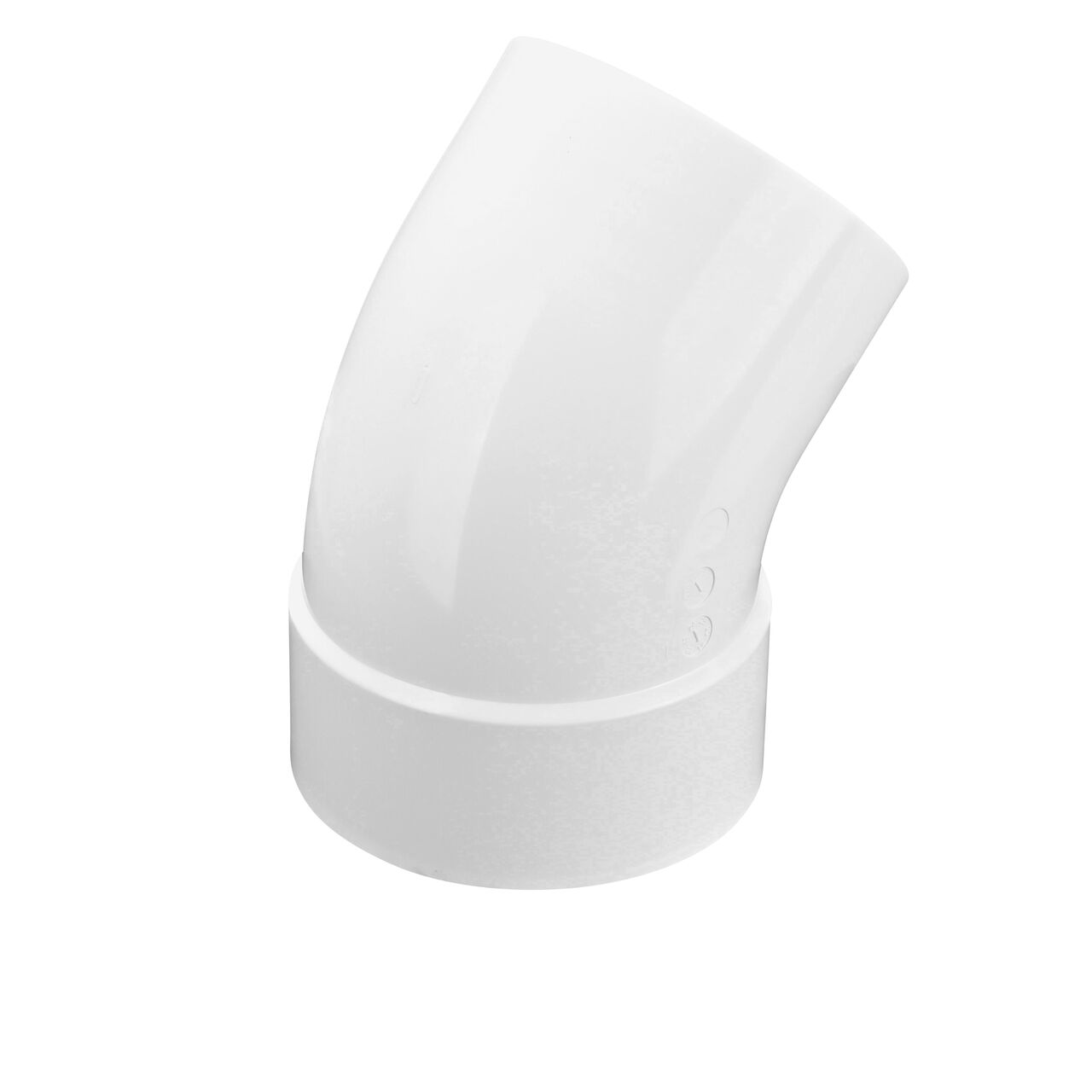 Alternate view of the NDS PVC 45° street elbow, which connects 4 in. Sewer and Drain pipes and has a Hub X Spigot connection (NDS 4P03ST, NDS L4P03ST)