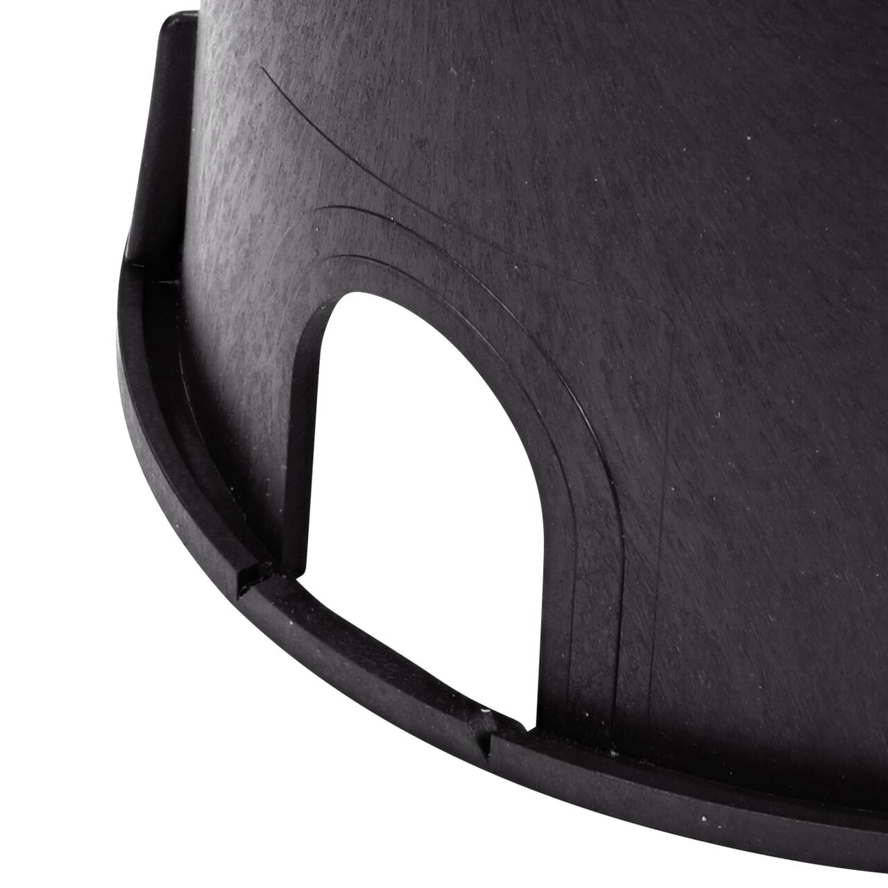 Closeup view of the pipe hole with easy to knock out notches on the black NDS 10 in. Round Standard Series Valve Box (NDS 111BCB) for water and irrigation pipe connections