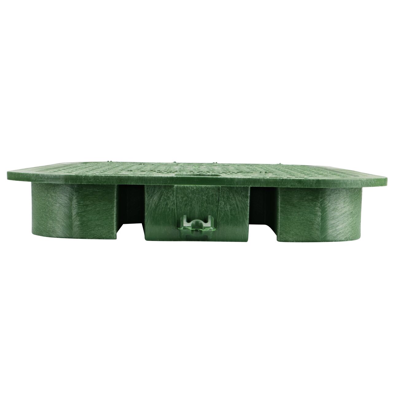The NDS 14 in. X 19 in. Rectangular Pro-Spec® Series Green Irrigation Control Valve Box Cover (NDS 313C) is an overlapping lid shown here from the side, that prevents dirt and debris from entering the valve box