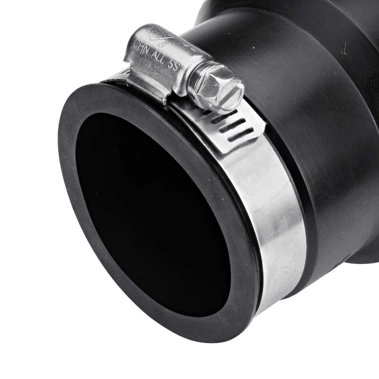 Closeup view of the small end on the NDS 2 in. X 1-1/2 in. flex coupling connects two cast iron/sewer and drain or DWV/copper/steel/lead pipes (NDS 56-2150)