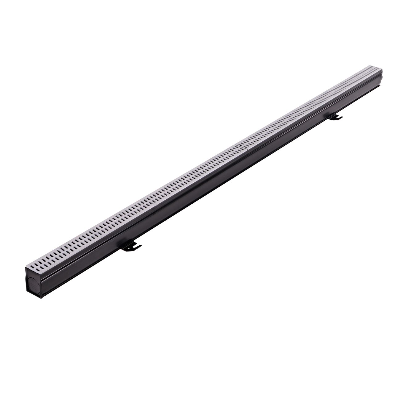 Fully assembled Slim Channel™ Drain Kit, 2-1/4 in. wide X 6 ft. long with Channel, Gray Grates, End Caps, Outlets, Coupling & Anchor Clips (NDS 9206GKITRTL) for pool and spa decks, concrete and paver patios, and walkways; full product hero shot