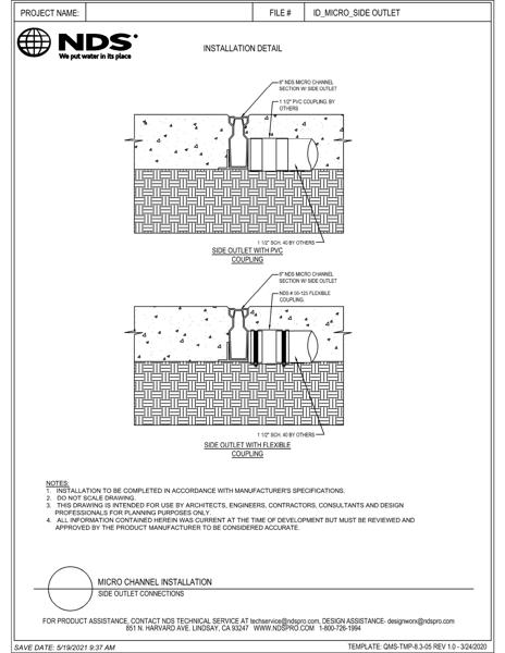 NDS Micro™ Channel Drains & Grates Side Outlet Installation Detail