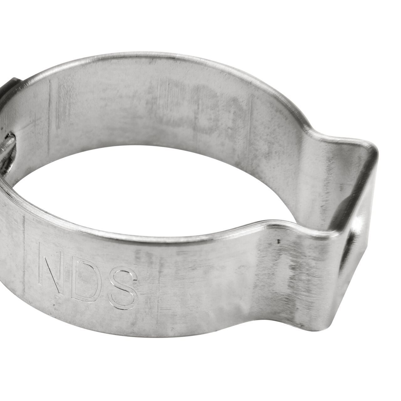 Closeup side view of the NDS 185R Stainless Steel Pinch Clamp (NDS NC-155000-010) that works with most soft hose and rigid plastic pipe to transport water and prevent leaks in pressurized systems