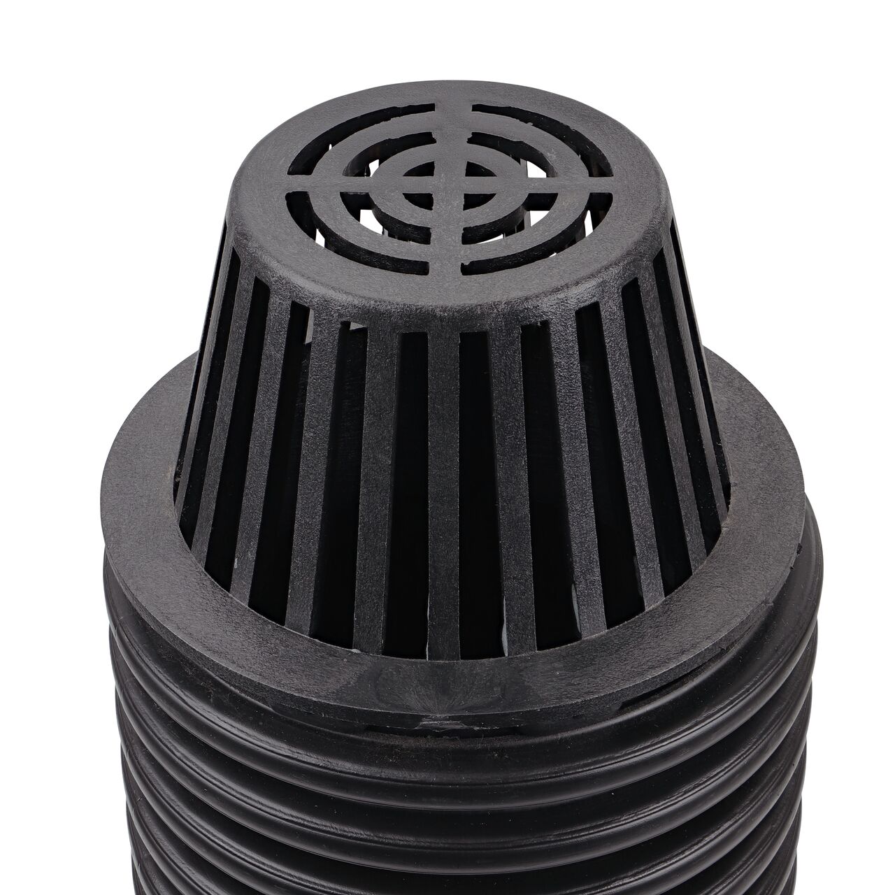 NDS 6 in. Atrium Grate made of black plastic (NDS 90*, NDS 90) attached to a 6 in. single-wall corrugated pipe
