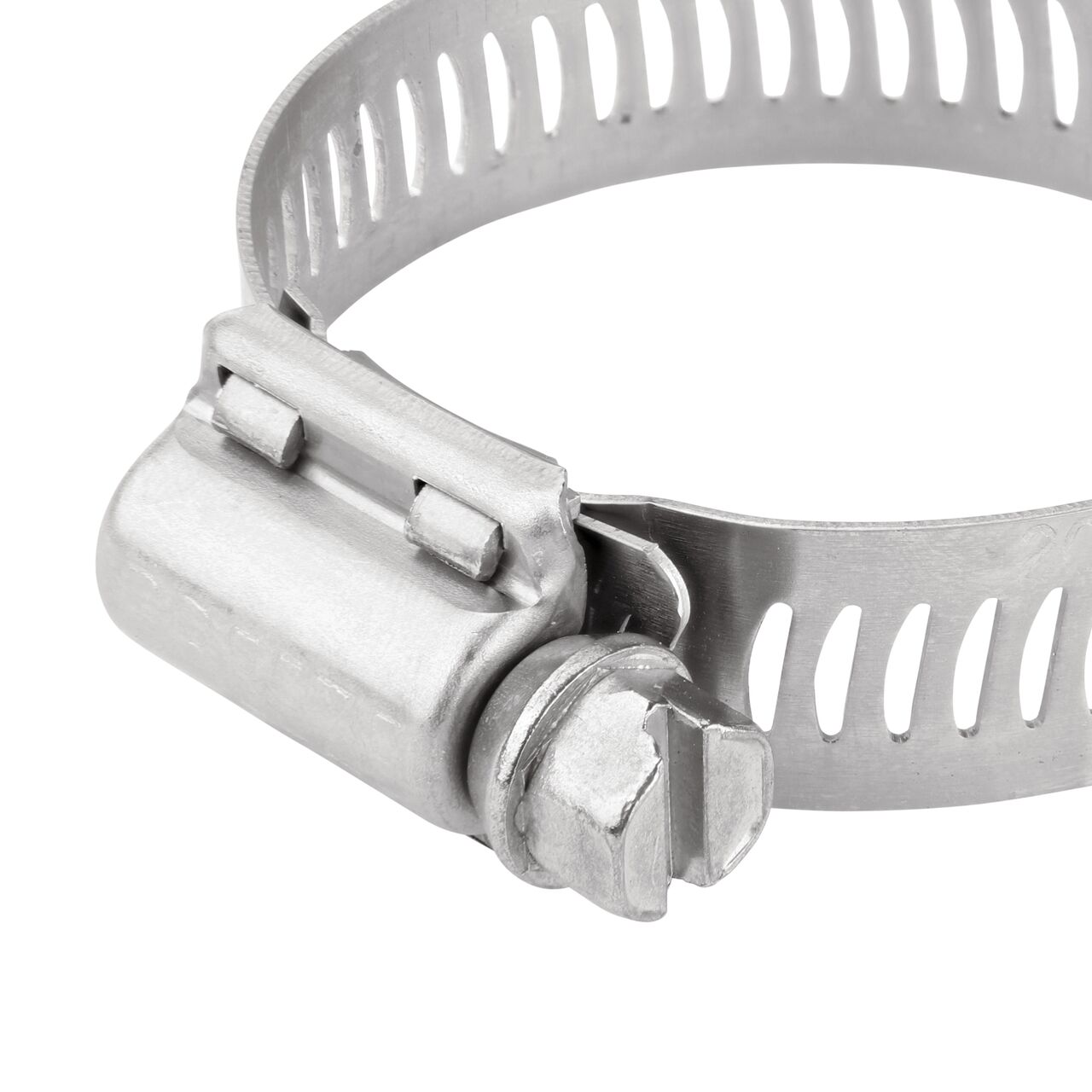 Closeup view of the NDS SAE 20 Worm Drive Hose Clamp with Aero Seal 1/2 in. band width (NDS 64020H) with a 5/16 in. 410 Stainless Steel hex screw; tighten to 30-45 in. lbs. torque to close