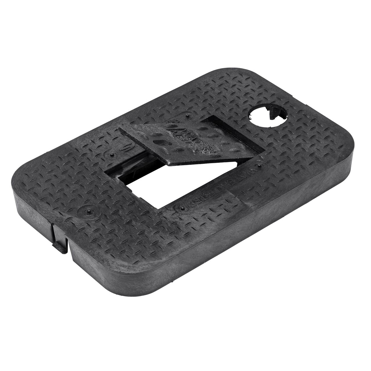 The cast iron reader door lifts up for easy access on the NDS 14 in. X 19 in. Black Water Meter Drop-In cover (NDS D1200-DICIRTRL) that fits the NDS 14 X 19 in. Standard Series Meter Box