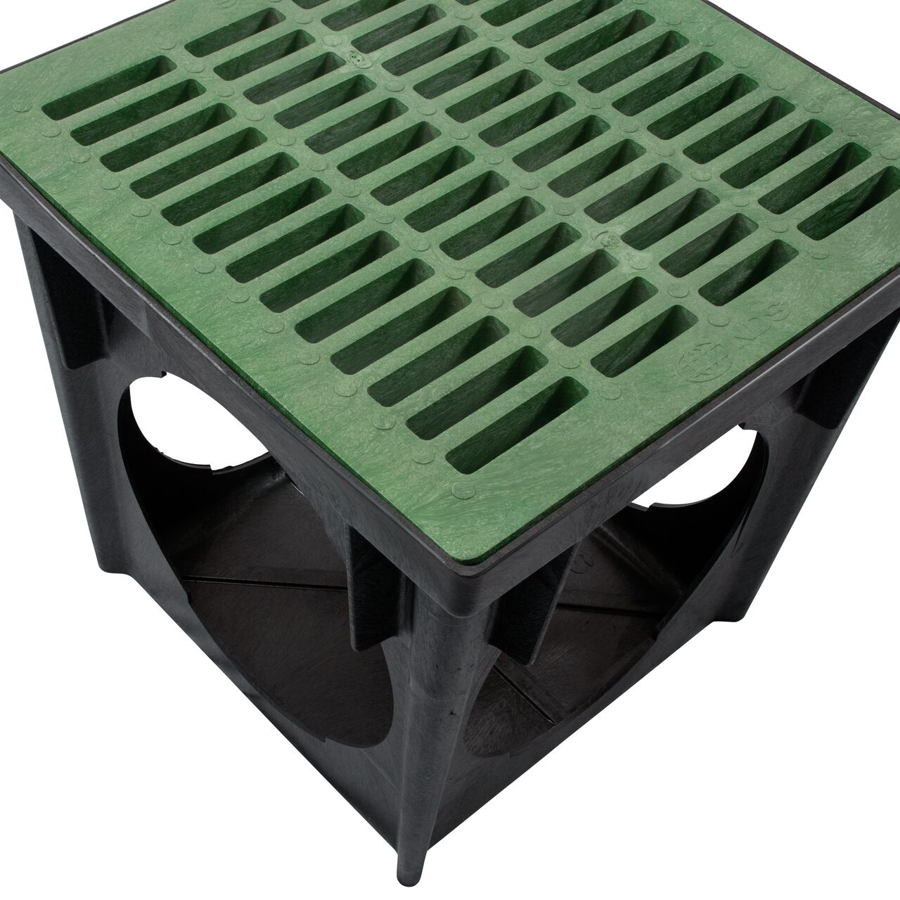 Top down view of the 24 in. Square Catch Basin Drain with 4 Openings (NDS 2404) with a 24 in. Green Catch Basin Drain (NDS 2412) installed