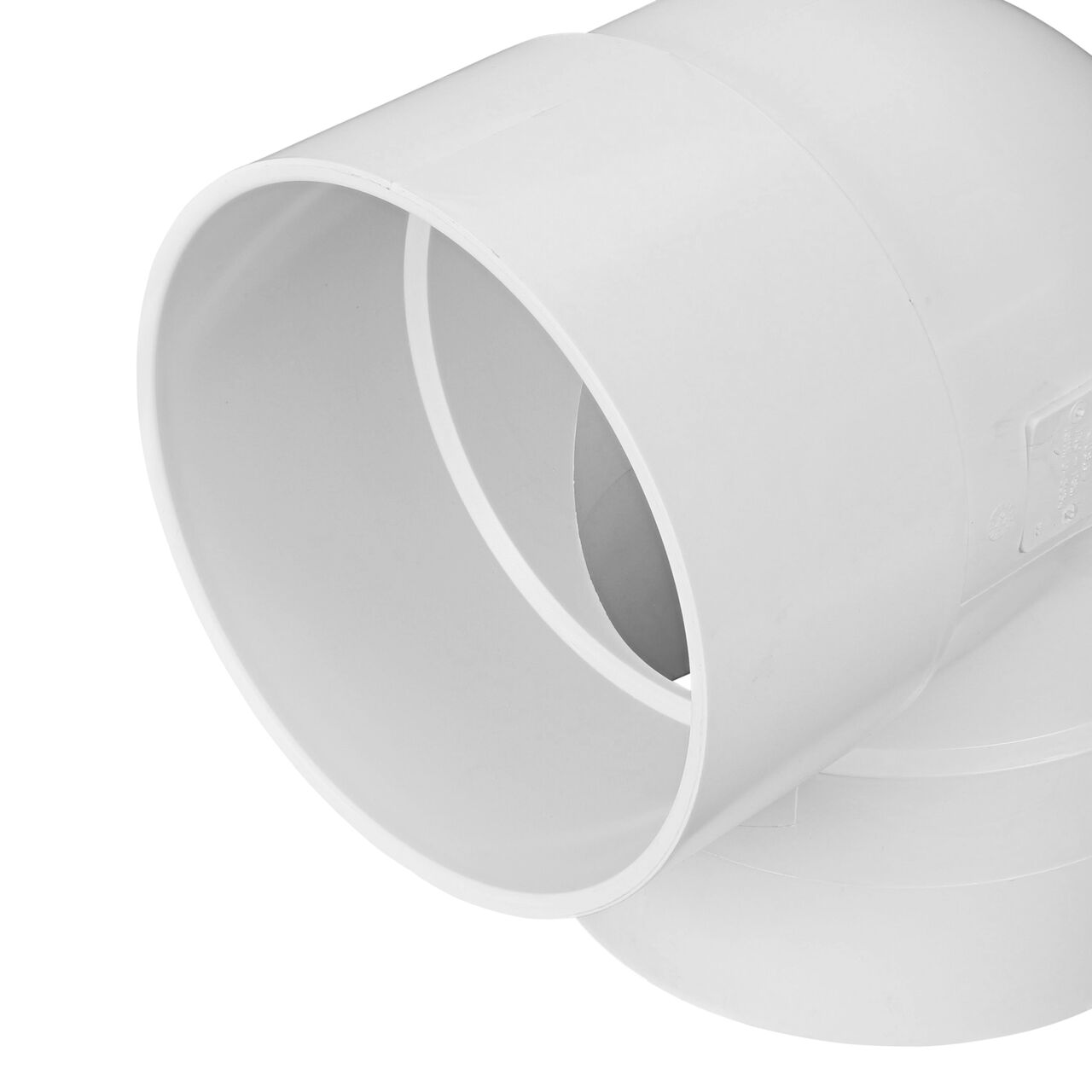Closeup view of one hub connection point on the NDS PVC 90° elbow, which connects 8 in. Sewer and Drain pipes, Hub X Hub (NDS 8P02)