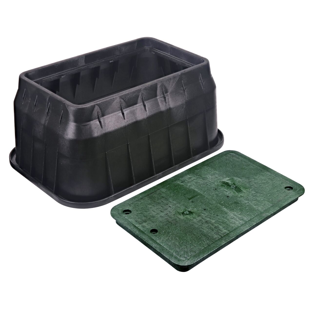 Unassembled View of the NDS 14 in. X 19 in. Rectangular Pro-Spec Series Black Box and Green Telecom Cover (NDS 313BCBT) which includes two bolts for securing the lid in place