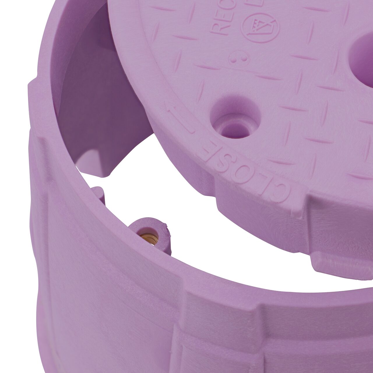 Align the bolt hole on the lid with the bolt hole from the NDS 10 in. Round Pro-Spec® Series purple box and purple reclaimed water cover (NDS 312PBCR) for a secure fit