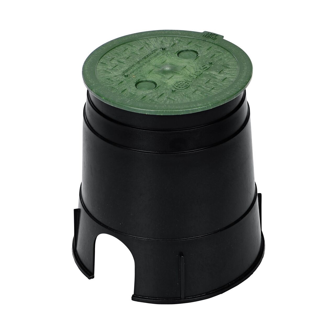 View of entire 6 in. Round SureFit Universal Valve Box Lid (NDS 6RND-UC) installed on 7 in. Rainbird valve box