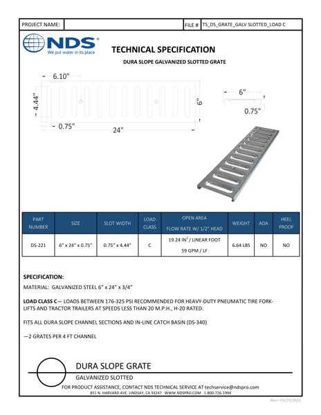 NDS Dura Slope® Channel Drain Grate Slotted Galvanized Steel Tech Spec