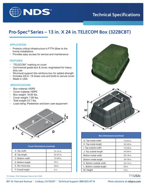 NDS 13 in. X 24 in. Rectangular Pro-Spec® Series Telecom Boxes & Covers Tech Spec