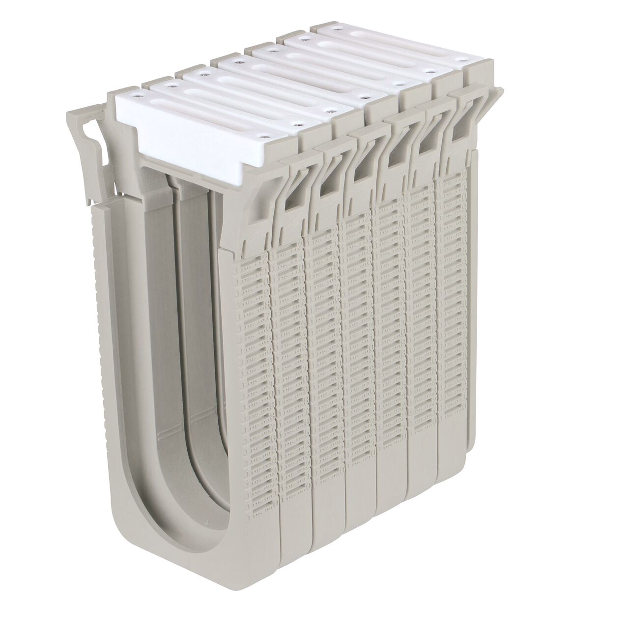 Seven White Slotted Plastic Dura Slope™ Channel Drain EZ-Track™ Radius Coupling Grates (NDS DS-660MG) installed on seven Dura Slope EZ-Track Radius Couplings (NDS DSRC) with no bend