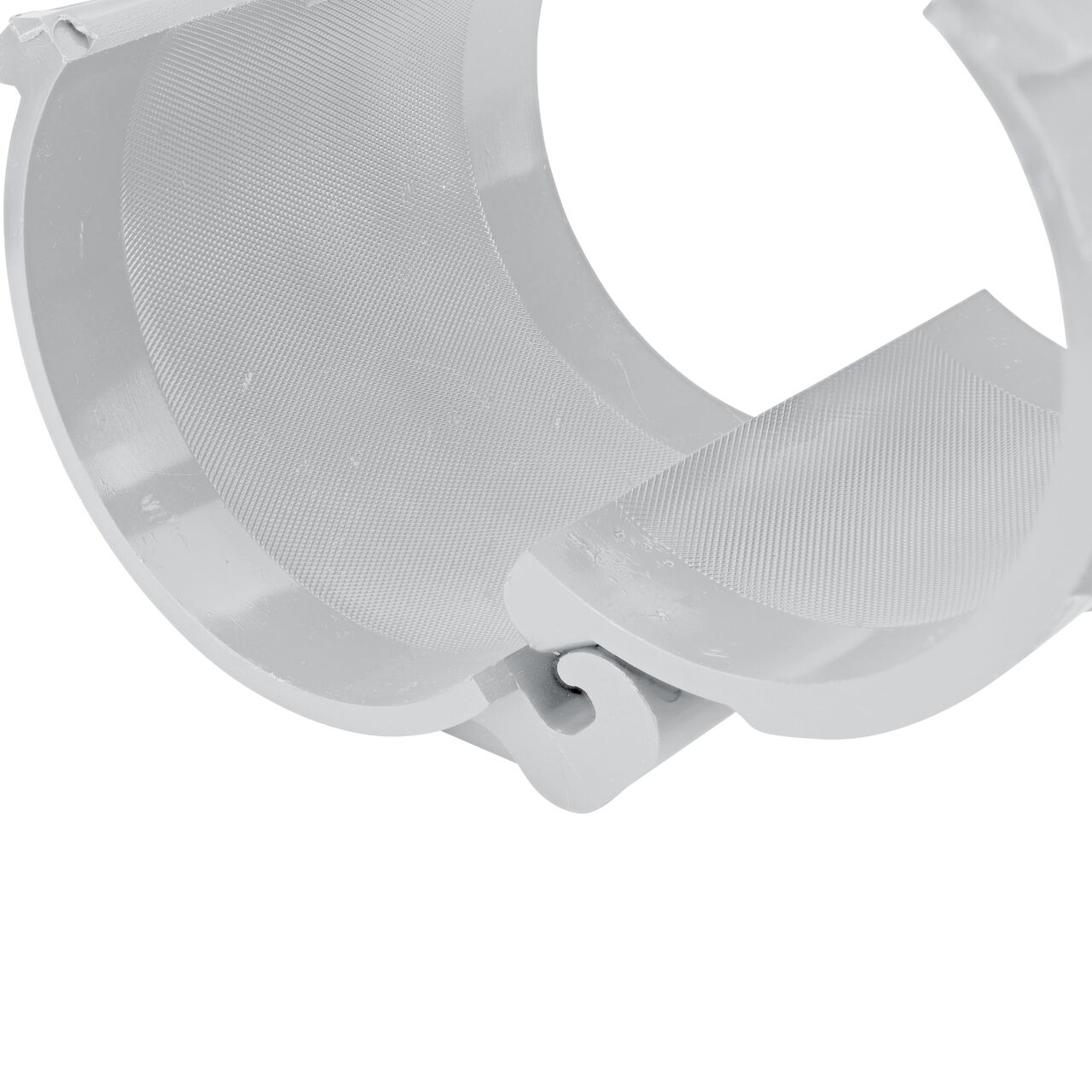 Closeup view of the hinge on the 4 in. NDS Flo-Tap™ Rigid PVC saddle with 1-1/2 in. socket or 2 in. spigot connection on top (NDS 3240) in the opened position that allows for easy installation onto Schedule 40 or Schedule 80 PVC pipe