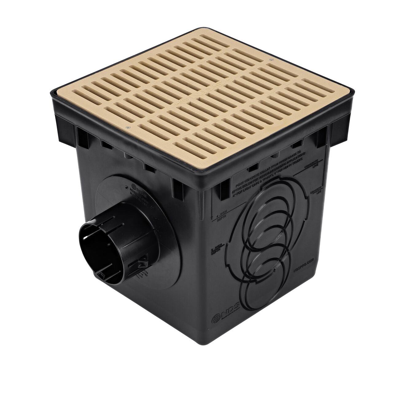 The NDS 12 in. Catch Basin Drain Kit includes a sand plastic drain cover grate and a black pastic 12 in. square Catch Basin Drain (NDS 1200SKIT) which drains water as it blocks pipe-clogging debris