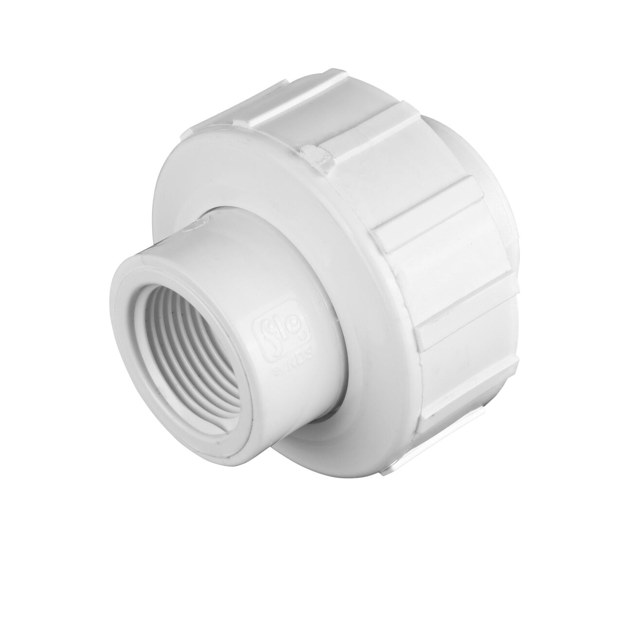 One end of the PVC Union, 3/4 in. Sch. 40 FPT X FPT which connects two 3/4 in. Sch. 40 pipes together to allow water to flow through while preventing leaks (NDS WU-0750-T)