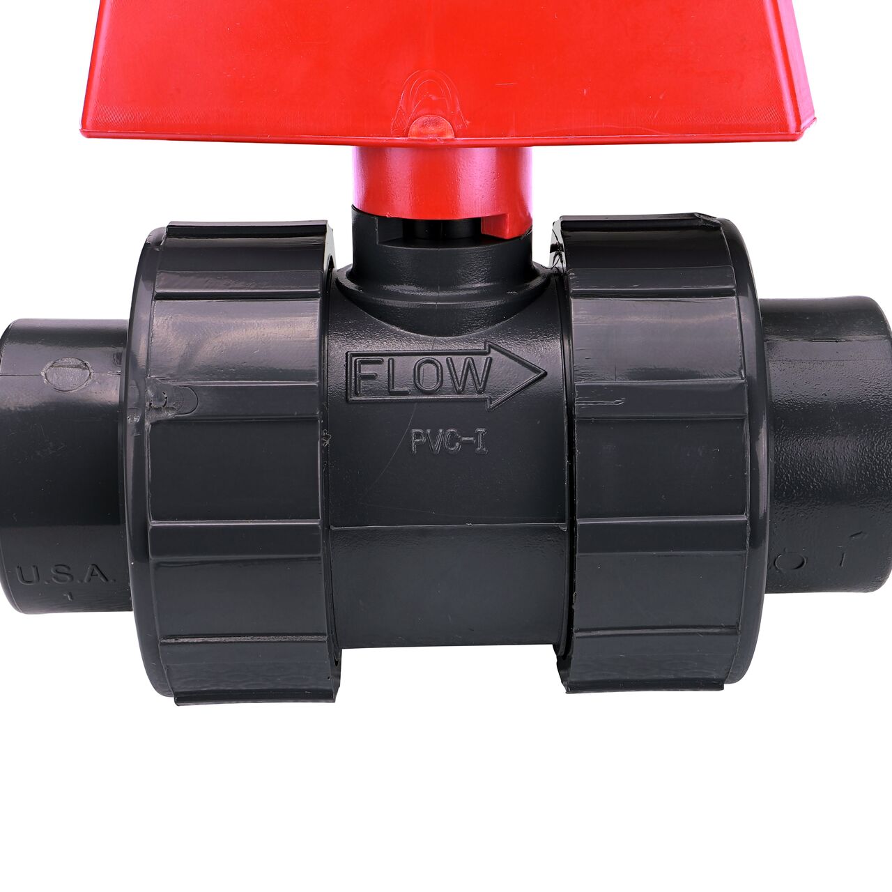 Closeup up view of the markings on the handle on the 1 in. PVC Slip & Threaded True Union Ball Valve (NDS BTU-1000-E) includings size and open and close.