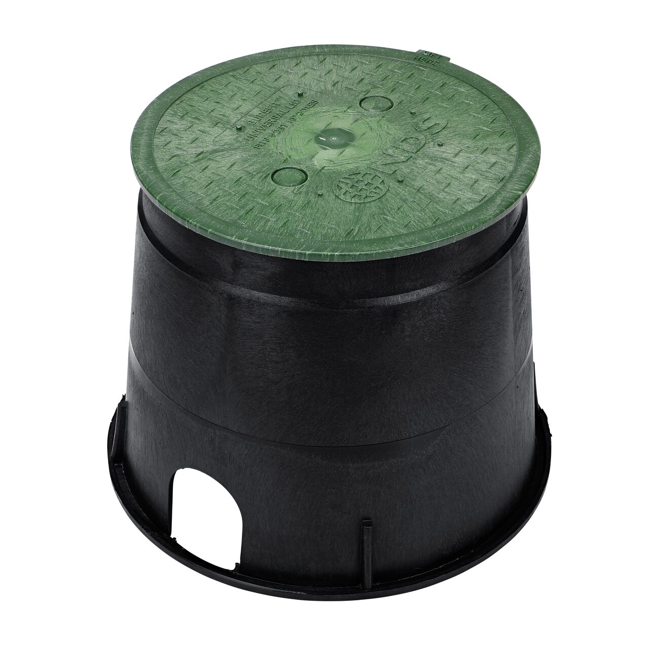 Alternate View of the 10 in. Round SureFit Universal Valve Box Lid (NDS 10RND-UC) installed in NDS Standard Series Valve Box (111B)