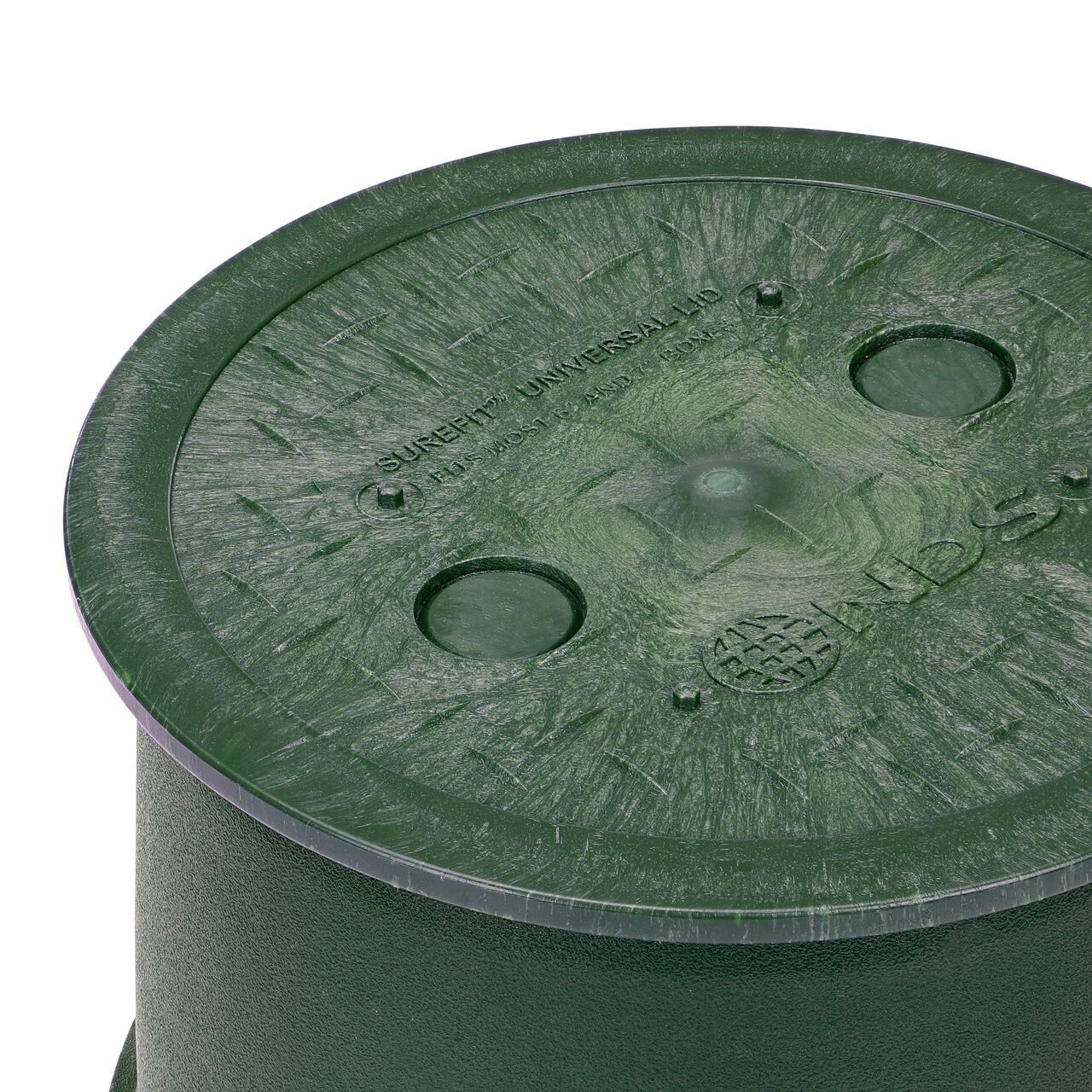 Closeup of the 6 in. Round SureFit Universal Valve Box Lid (NDS 6RND-UC) installed on a Green Dura valve box