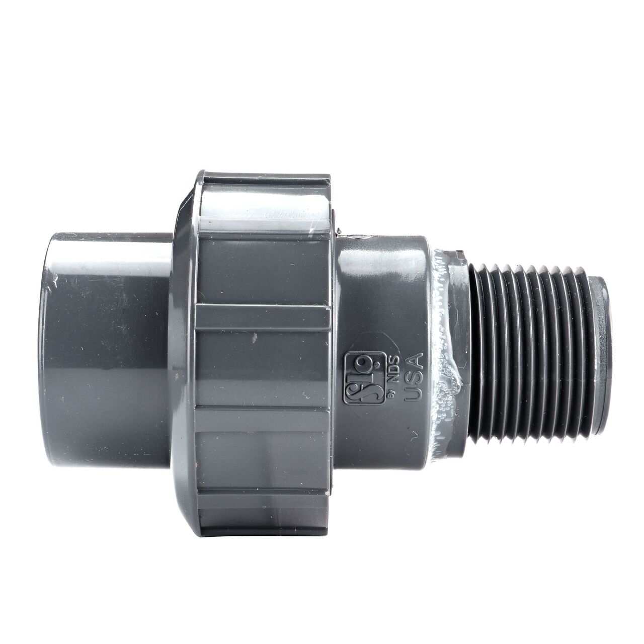 Side view of the NDS 1 in. PVC Union (NDS U-1000-SM) shows one slip end and one MPT threaded end with a pull-apart feature to quickly disconnect from pipes