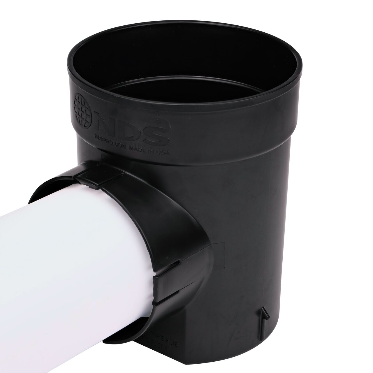 The outlet on the NDS 6 in. Round Spee-D® Catch Basin Drain (NDS 101) connects to 4 in. Sewer and Drain pipe.