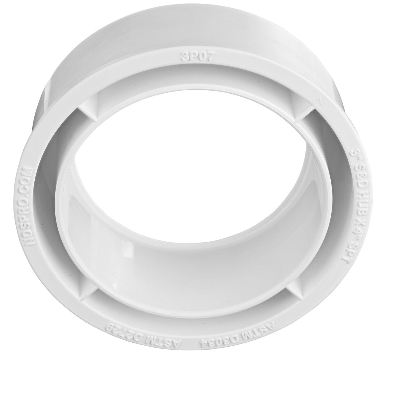 Closeup of the wording on the PVC increaser/reducer bushing, connects 3 in. Sewer and Drain Spt to 4 in. S&D Hub (NDS 3P07, NDS M3P07)
