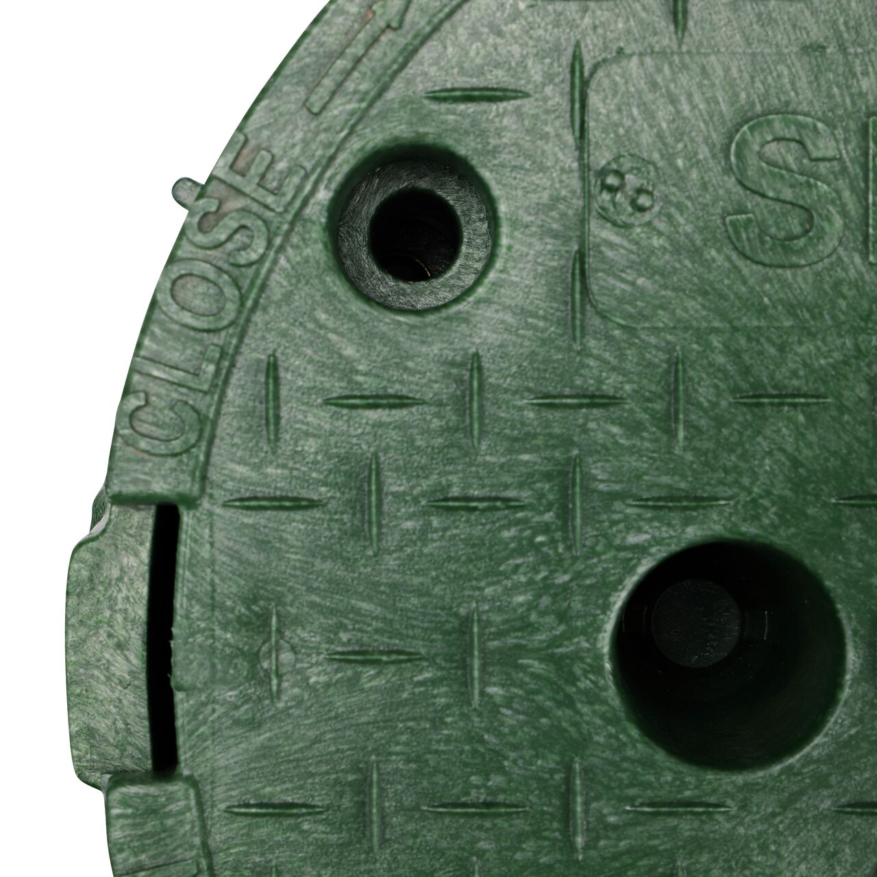 Closeup view of the Green box and Green cover fully assembled, showing locking tabs, bolt hole connection point and reinforced edges on the side of the NDS 10 in. Round Pro-Spec® Series Box (NDS 312BCS)