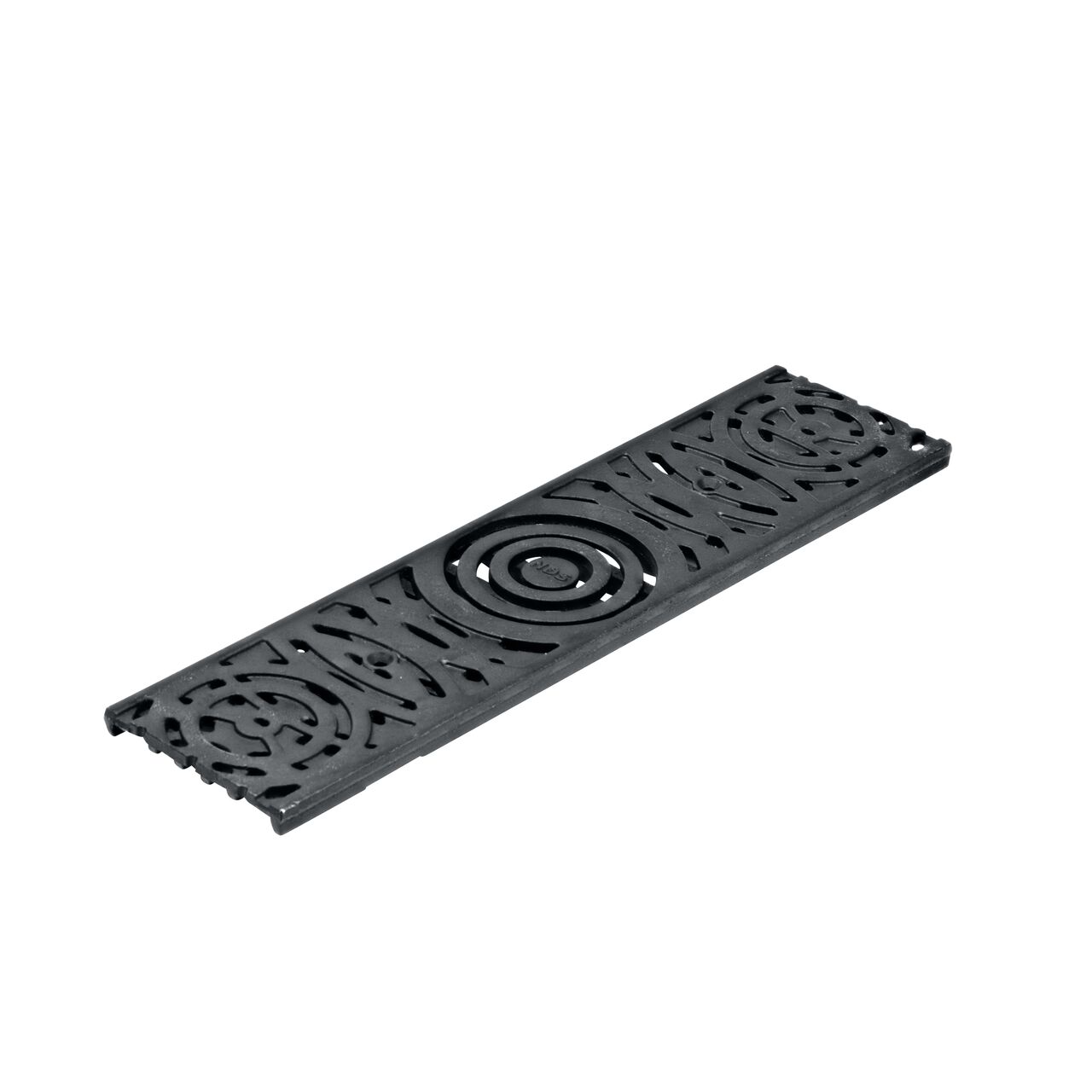 The ductile iron Dura Slope™ Channel Drain Grate (NDS DS-612-VILLE) is 6 in. wide and 2 ft. long and comes in a decorative Ville Slot pattern design