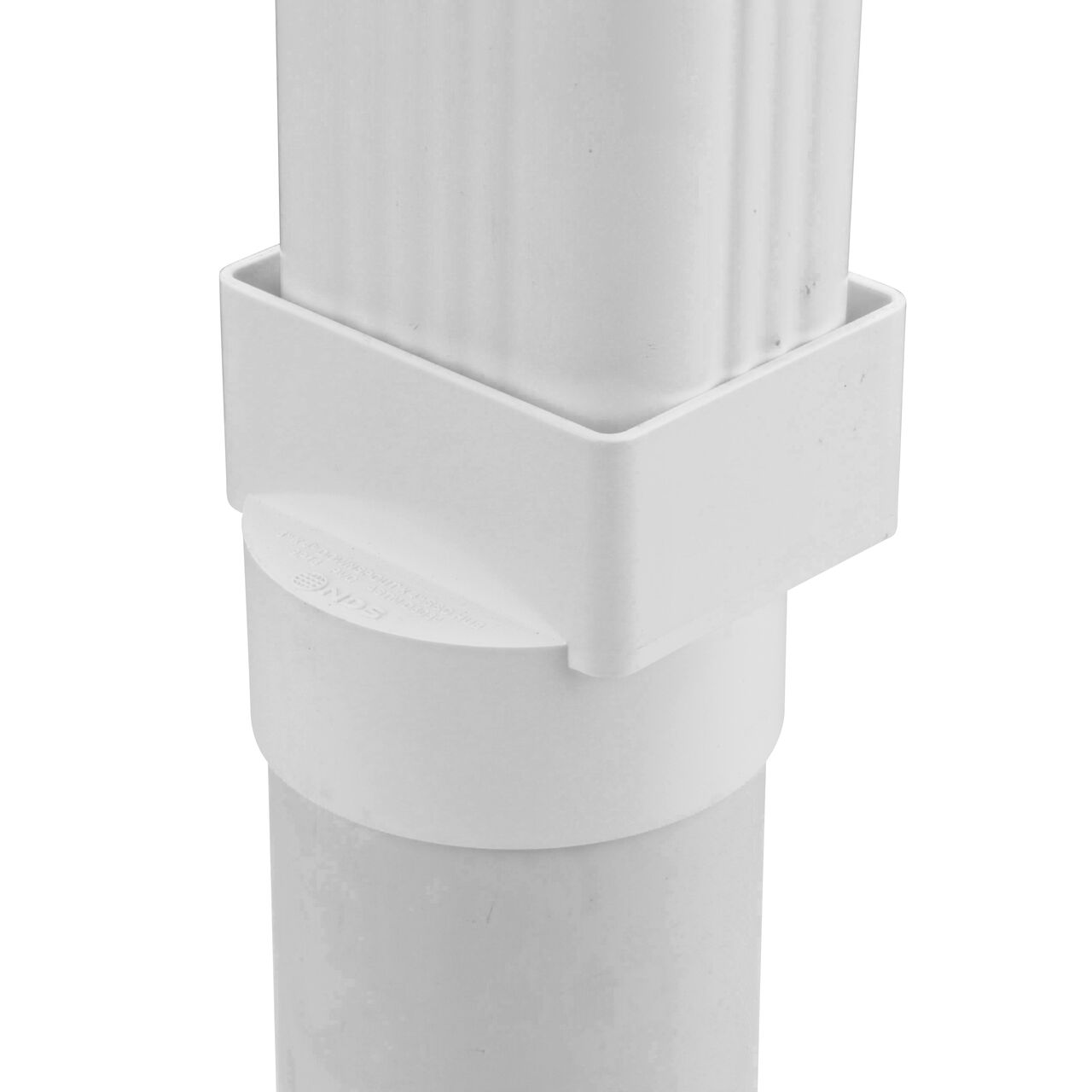 The NDS offset downspout adapter (NDS 9P13) installed on both a 4 in. S&D pipe and a 3X4 downspout.