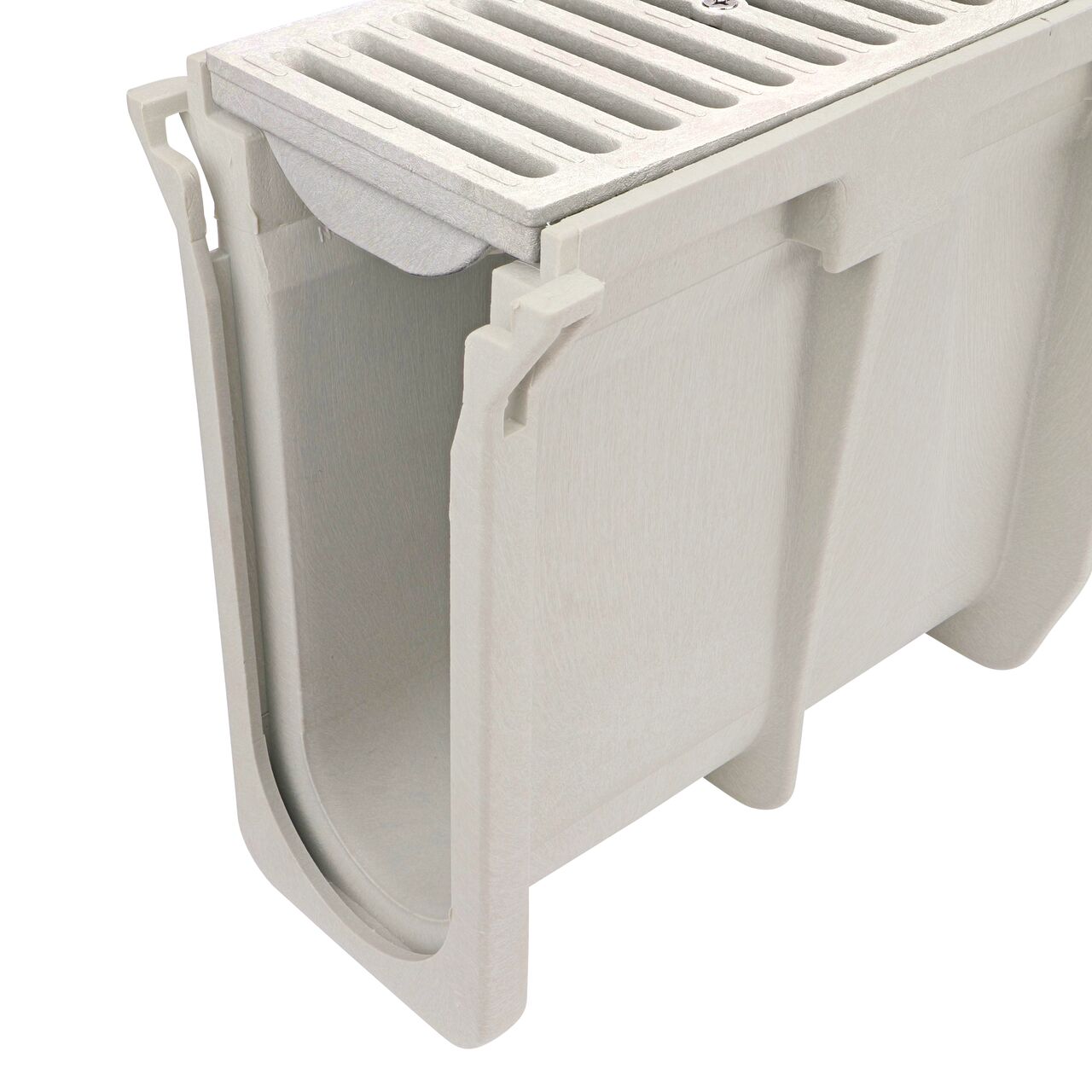 Closeup groove (female) side of the NDS 11.39 in. to 11.72 in. Deep Dura Slope Channel Drain (NDS DS-113) with the Standard Dura Slope Light Gray Grate installed (NDS 661LG)