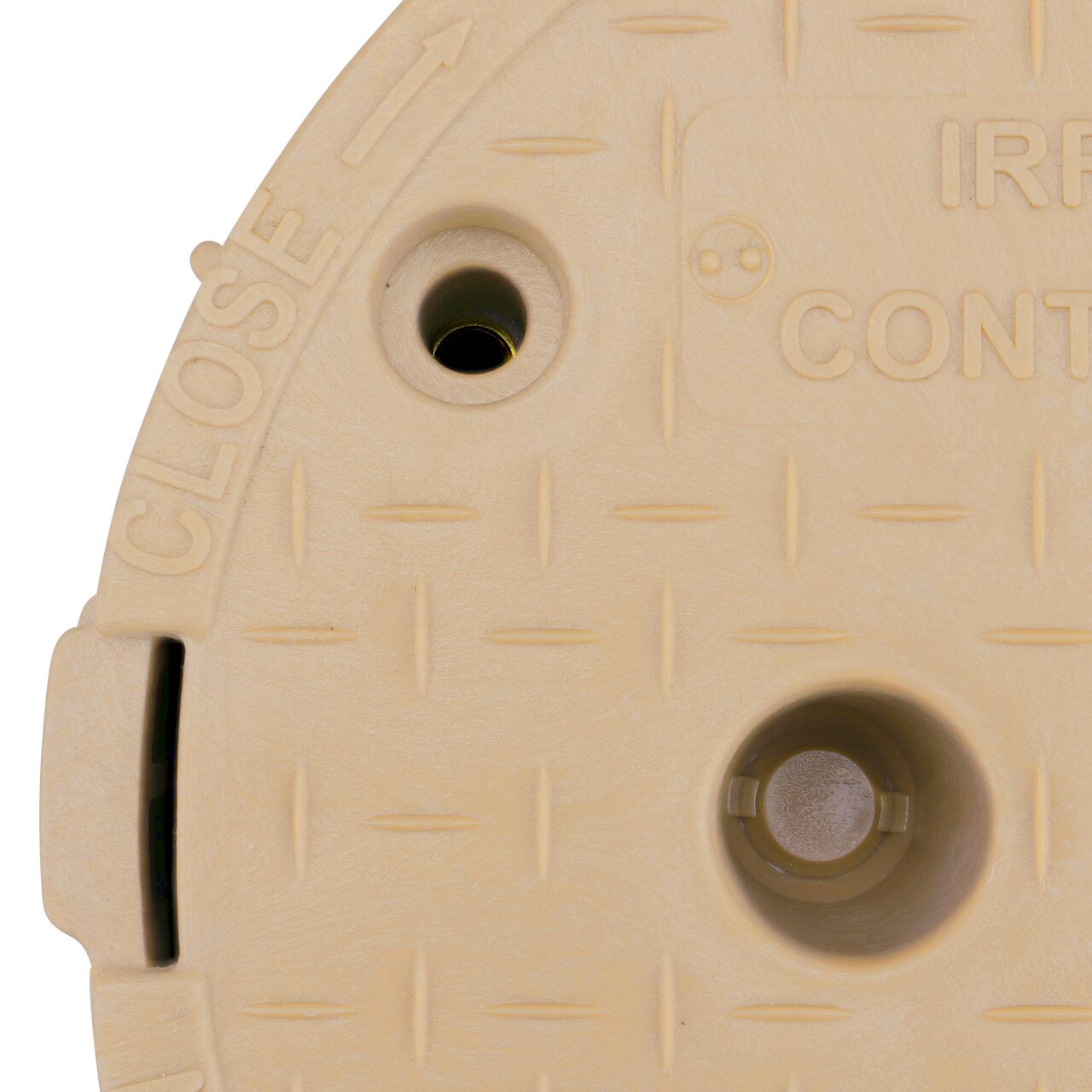Closeup view of the Sand box and Sand cover fully assembled, showing locking tabs, bolt hole connection point and reinforced edges on the side of the NDS 10 in. Round Pro-Spec® Series Box (NDS 312BCSAND)