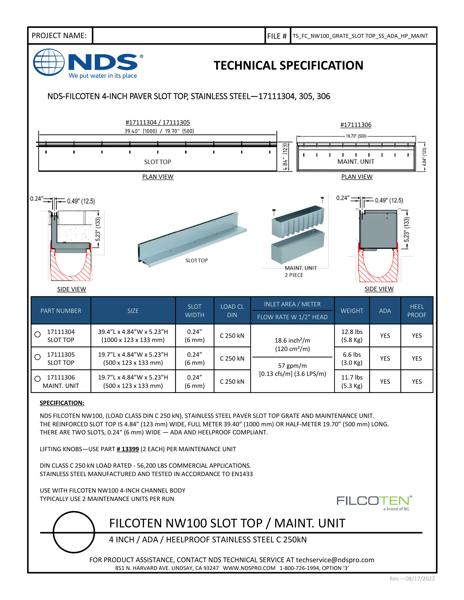 NDS BG-FILCOTEN® 100 Trench Drain Grate Slot Top Asymmetric Stainless Steel Tech Spec