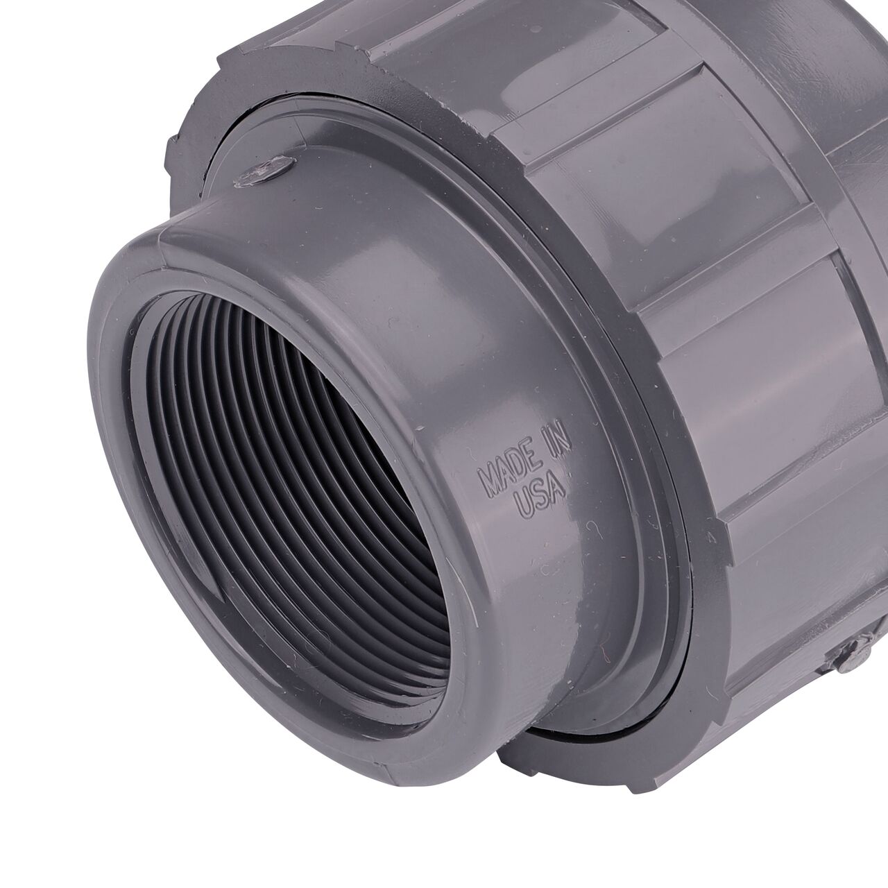 Closeup view of the other threaded end on the NDS 2 in. PVC Union (NDS U-2000-T) used to connect pipes and provide a quick way to separate pipes when needed