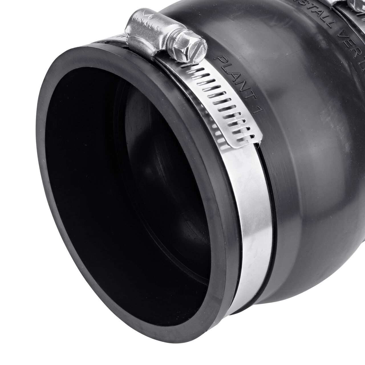 Closeup view of one NDS 3 in. flexible expansion joint end for 3 in. pipe secured by tightening clamps (NDS XJ3)