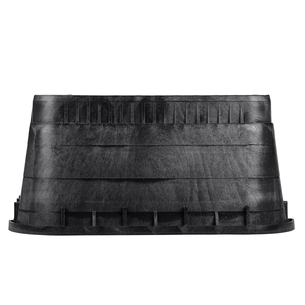 Side view of the non-pipe hole side on the NDS black plastic 13 in. X 20 in. Rectangular Meter Box and AMR cover (NDS D15AMR2-DUOLSB) showing durability through the reinforced ribs and edging