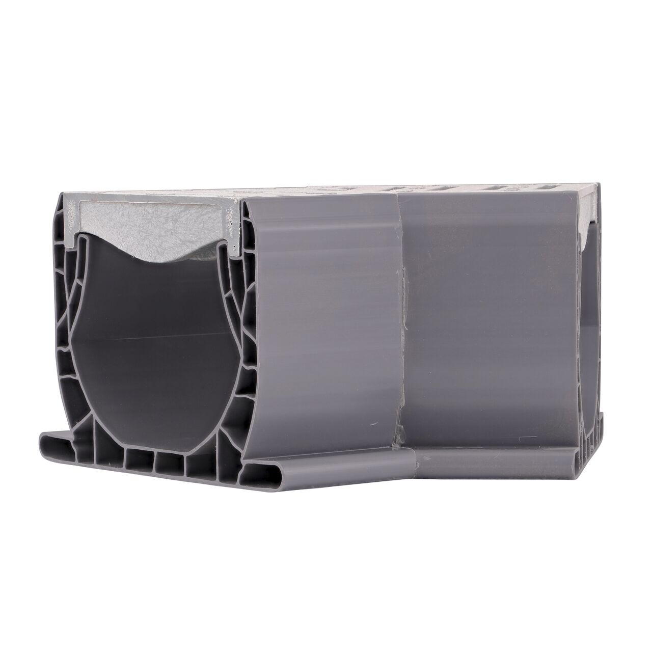 Side view of the inside angle on the NDS Spee-D® Channel Drain and Grate with 45° Elbow, Gray Plastic (NDS 2301)
