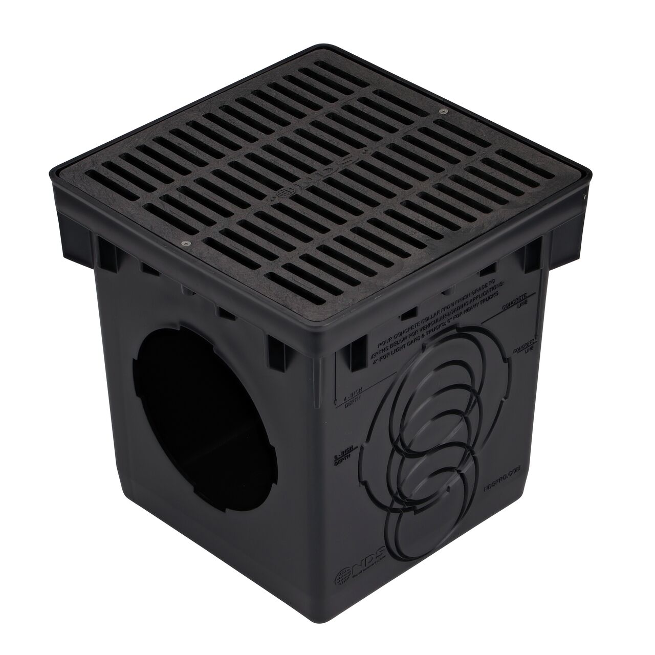 NDS 12 in. Square Catch Basin Drain Grate, Black Plastic (NDS 1211) installed on a NDS 12 in. Catch Basin Drain (NDS 1200)