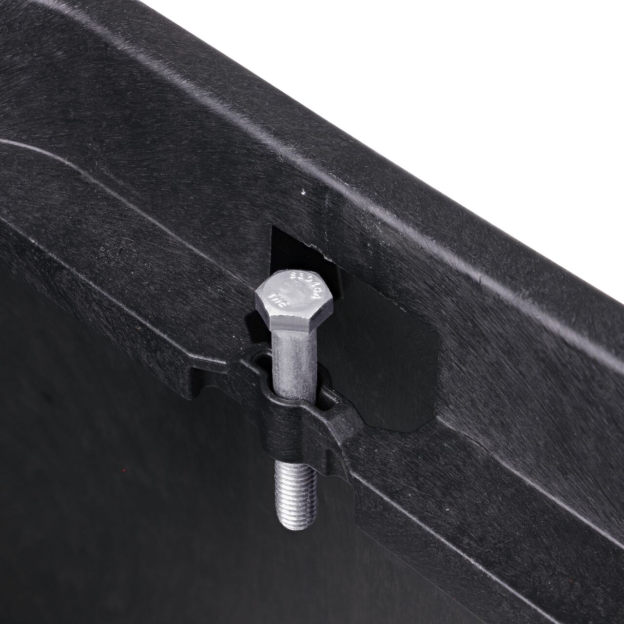 The NDS 113BB Stainless Steel Bolt threads through the cover bolt hole into a NDS 14 x 19 in. Rectangular Standard and Pro-Spec® Series Valve Box to hold lid securely in place
