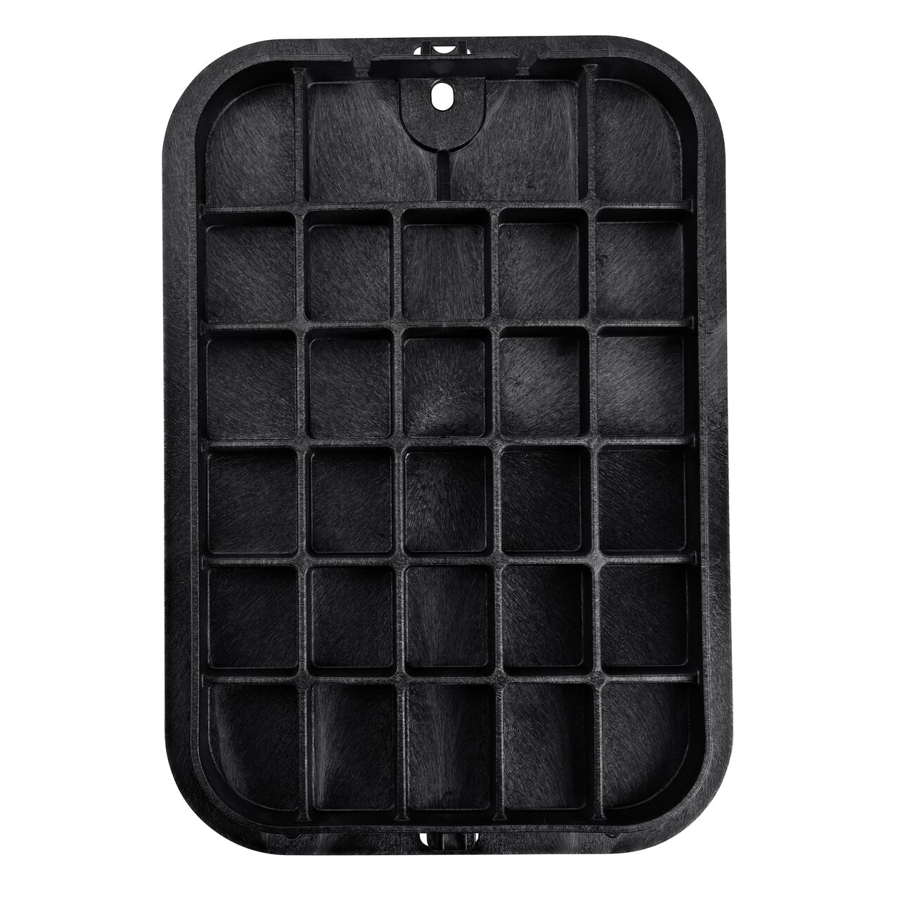 Top down view of the underside of the Black Water cover (NDS 313CW) for the NDS 14 in. X 19 in. Rectangular Pro-Spec® Series valve box showing reinforcing ribs that help support pedestrian and lawn care equipment