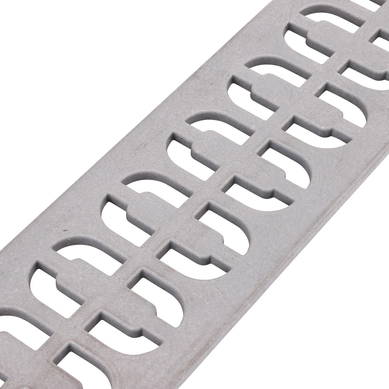 Angled closeup view of the Slim Channel™ Gray Decorative Chain Design Drain Grate (NDS 9263)