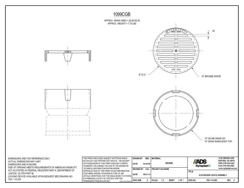 10" Bronze Grate Assembly (Inline Drain) Nyloplast Detail