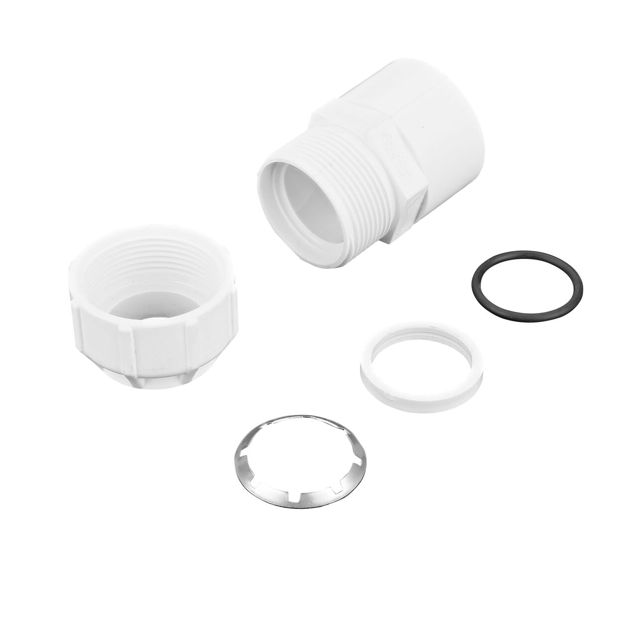 The NDS 1-1/4 in. CTS FPT X 1-1/2 in. IPS Spigot Flo-Lock™ Gripper Adapter (NDS 935-125) fully unassembled showing the steel gripper, EPDM O-Ring and stiffner