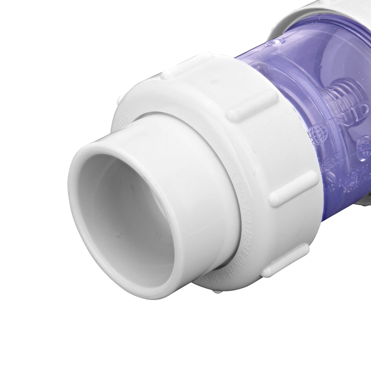 Closeup of one connection end of the NDS 1-1/2 in. IPS slip by slip PVC Compact True Union 1/2 lb. Spring Check Valve (NDS 1790C15)